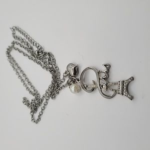 Silver tone necklace with Paris heart and Pearl Pendant